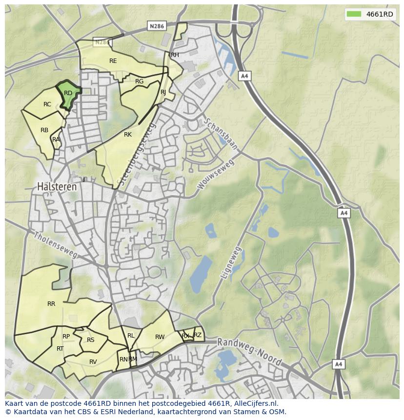 Afbeelding van het postcodegebied 4661 RD op de kaart.