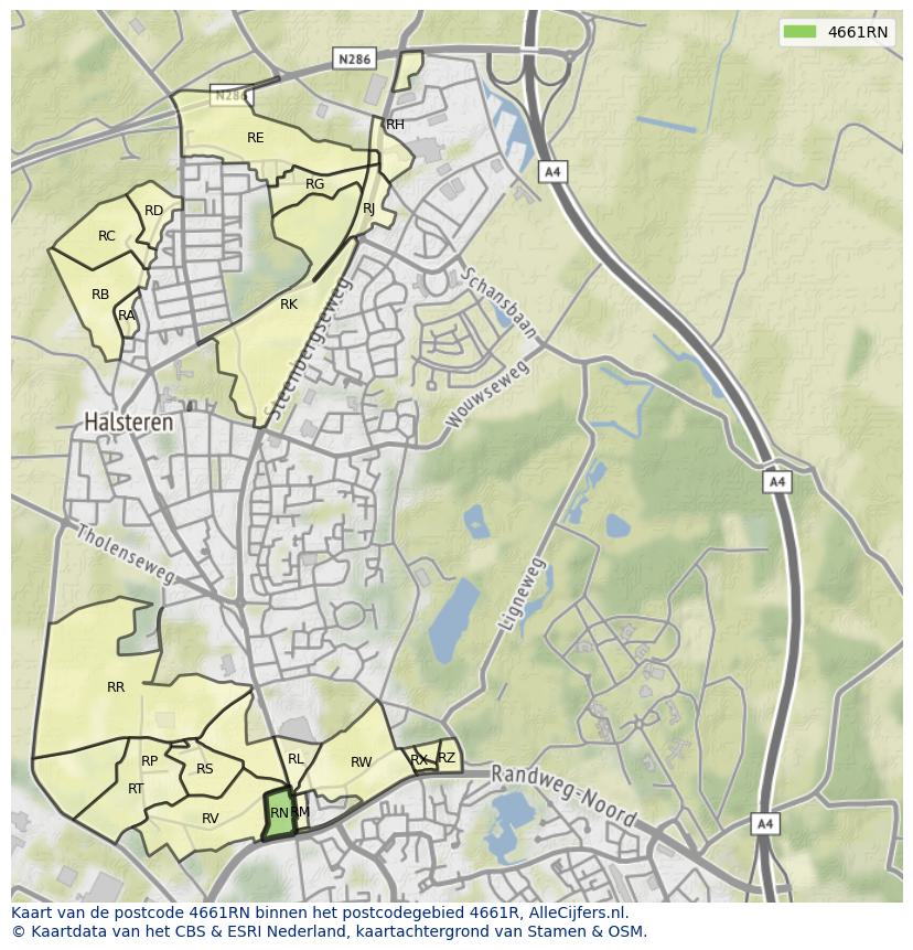 Afbeelding van het postcodegebied 4661 RN op de kaart.