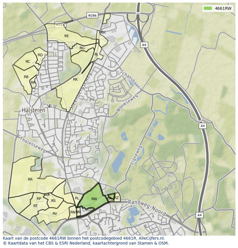 Afbeelding van het postcodegebied 4661 RW op de kaart.