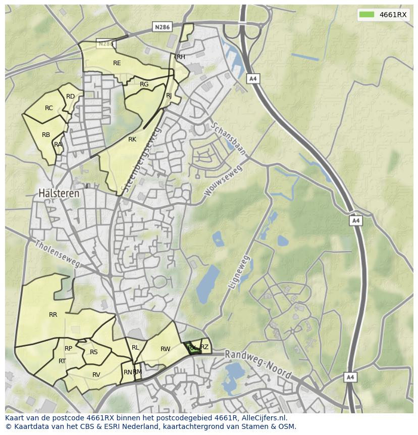 Afbeelding van het postcodegebied 4661 RX op de kaart.