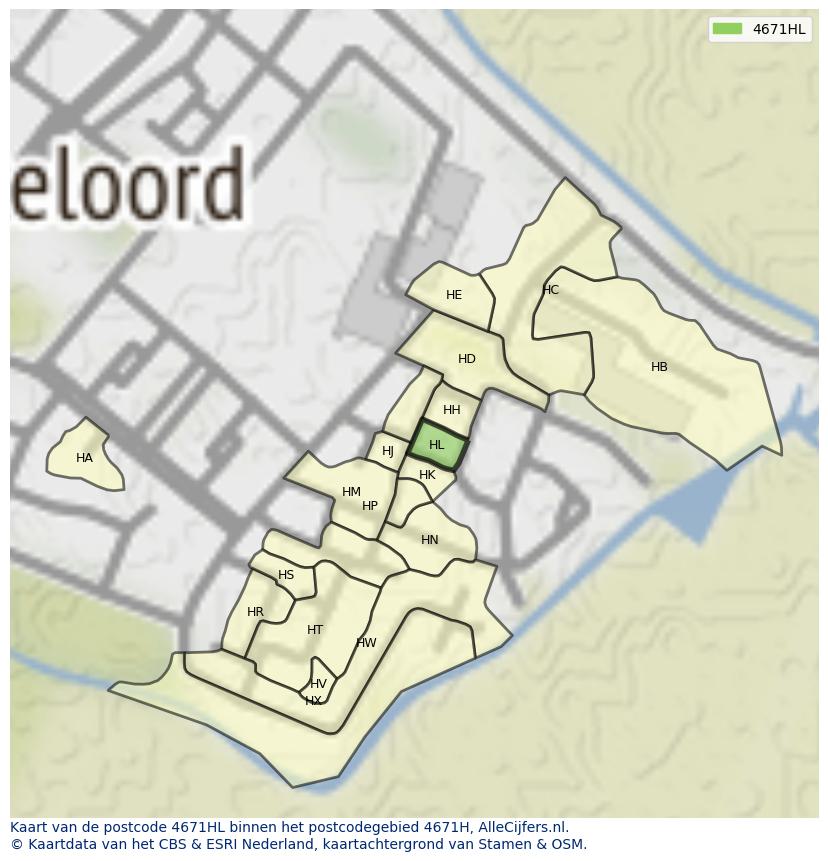 Afbeelding van het postcodegebied 4671 HL op de kaart.