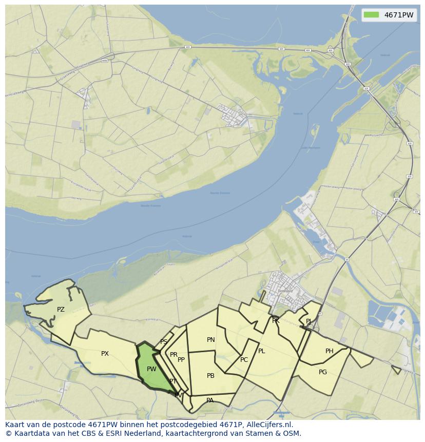 Afbeelding van het postcodegebied 4671 PW op de kaart.