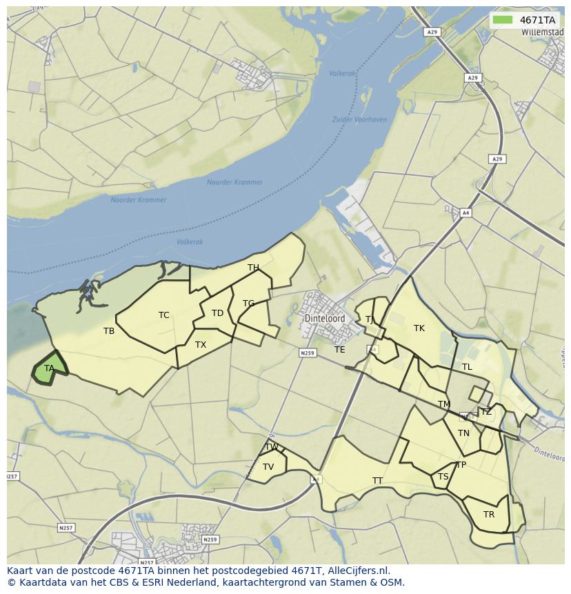 Afbeelding van het postcodegebied 4671 TA op de kaart.