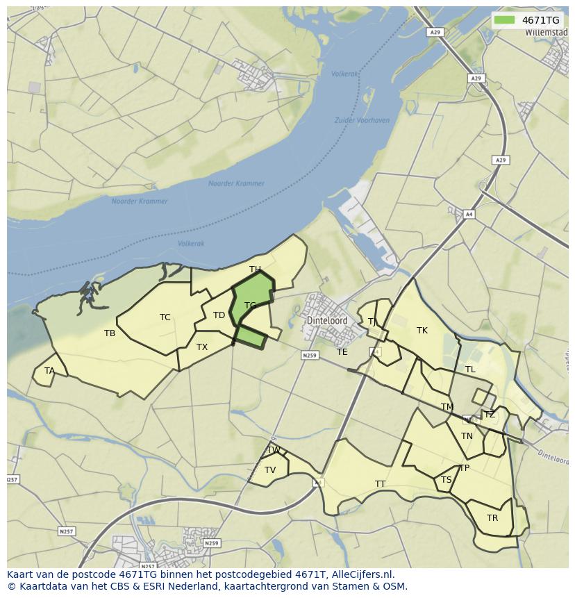 Afbeelding van het postcodegebied 4671 TG op de kaart.