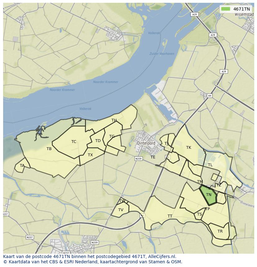Afbeelding van het postcodegebied 4671 TN op de kaart.