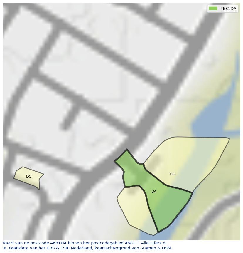 Afbeelding van het postcodegebied 4681 DA op de kaart.