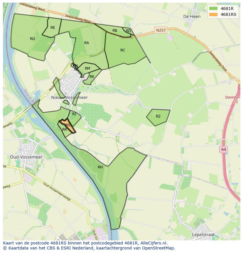 Afbeelding van het postcodegebied 4681 RS op de kaart.