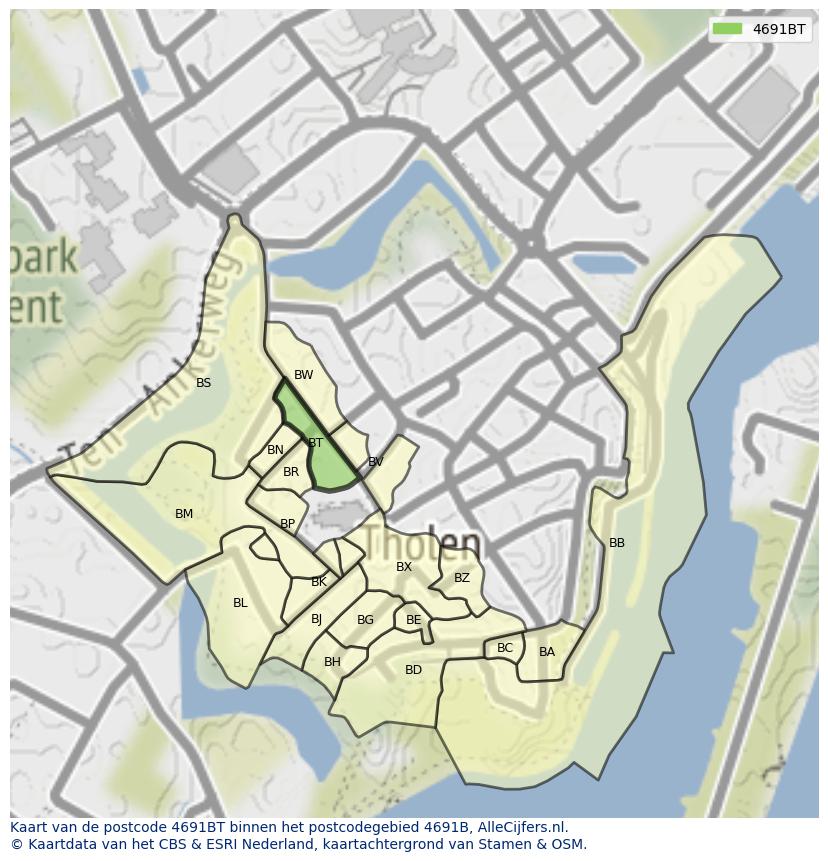 Afbeelding van het postcodegebied 4691 BT op de kaart.