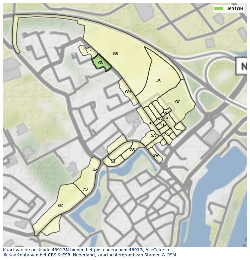 Afbeelding van het postcodegebied 4691 GN op de kaart.