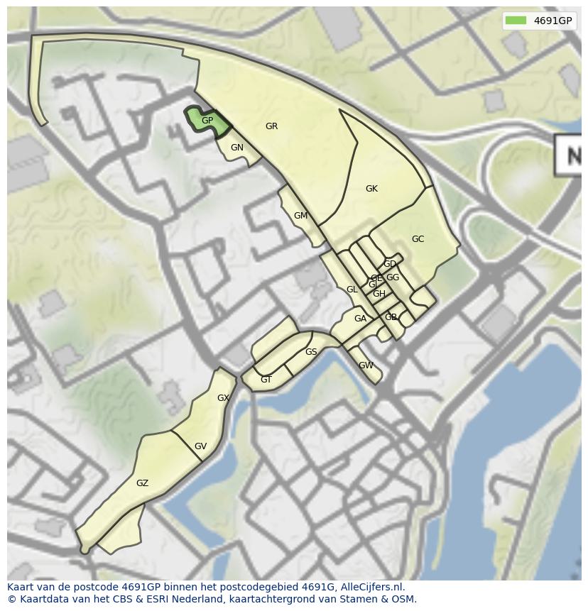 Afbeelding van het postcodegebied 4691 GP op de kaart.