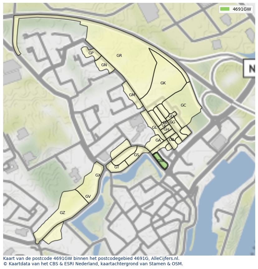 Afbeelding van het postcodegebied 4691 GW op de kaart.