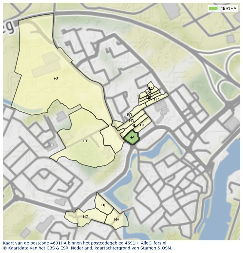 Afbeelding van het postcodegebied 4691 HA op de kaart.