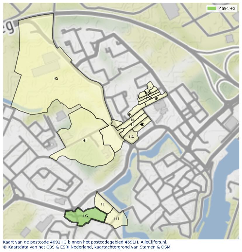 Afbeelding van het postcodegebied 4691 HG op de kaart.