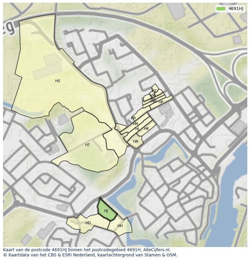 Afbeelding van het postcodegebied 4691 HJ op de kaart.