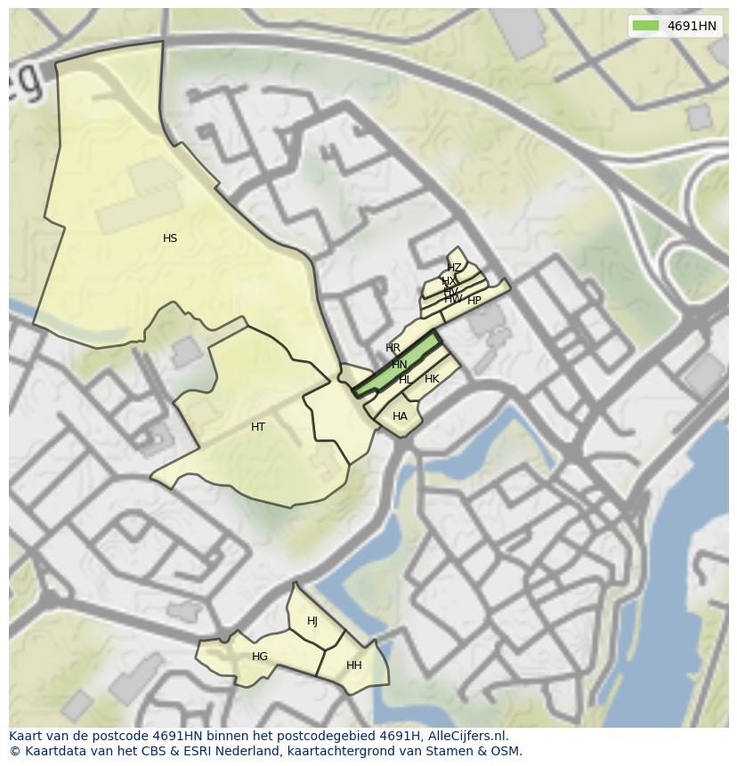 Afbeelding van het postcodegebied 4691 HN op de kaart.