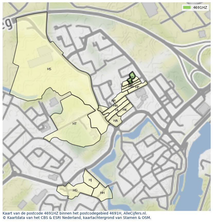 Afbeelding van het postcodegebied 4691 HZ op de kaart.