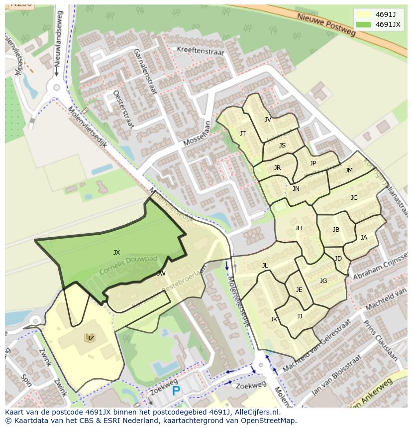 Afbeelding van het postcodegebied 4691 JX op de kaart.