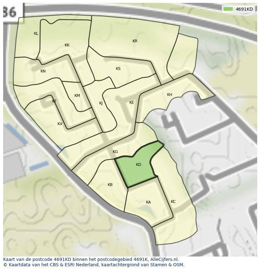 Afbeelding van het postcodegebied 4691 KD op de kaart.