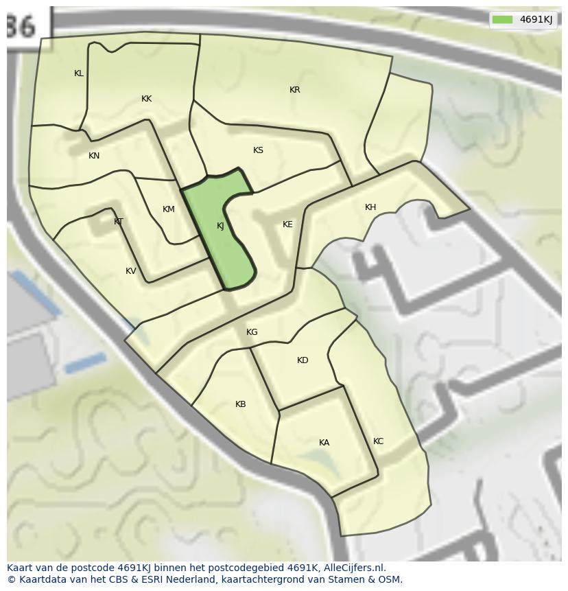 Afbeelding van het postcodegebied 4691 KJ op de kaart.
