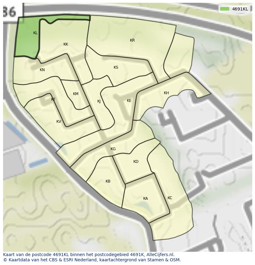 Afbeelding van het postcodegebied 4691 KL op de kaart.