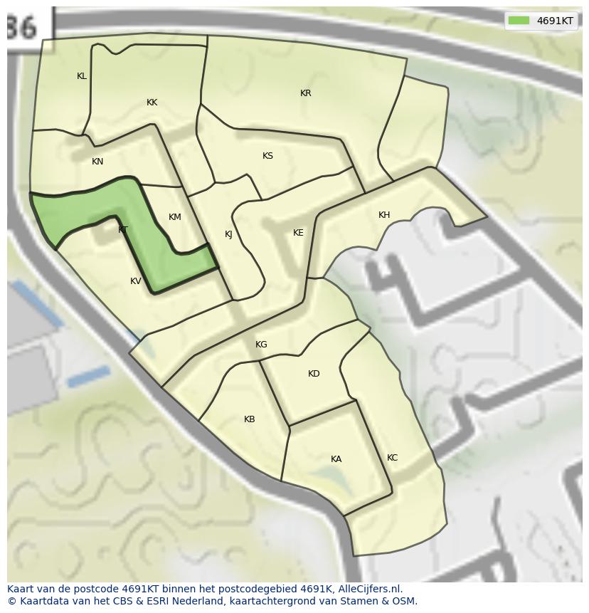 Afbeelding van het postcodegebied 4691 KT op de kaart.