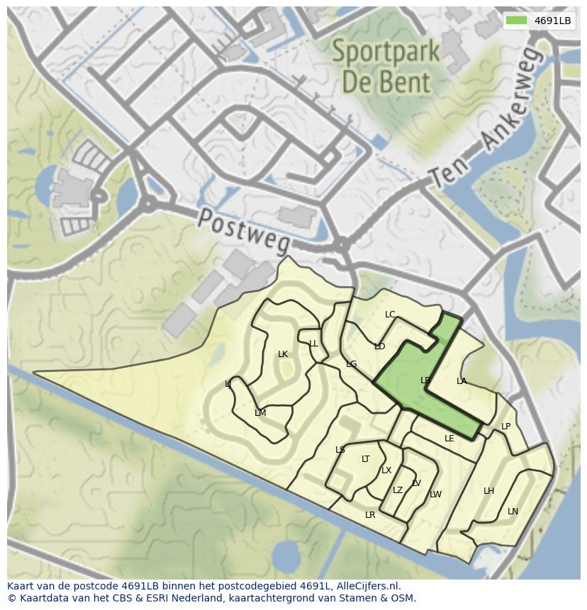Afbeelding van het postcodegebied 4691 LB op de kaart.