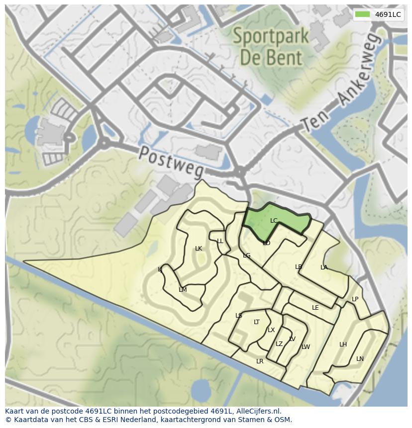 Afbeelding van het postcodegebied 4691 LC op de kaart.