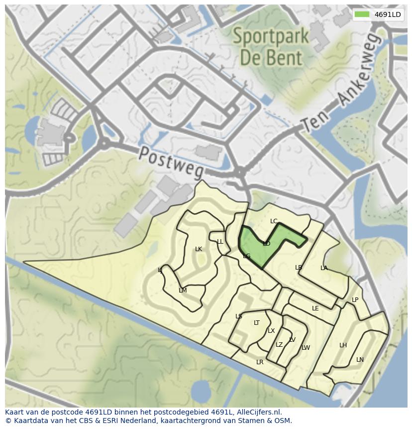 Afbeelding van het postcodegebied 4691 LD op de kaart.