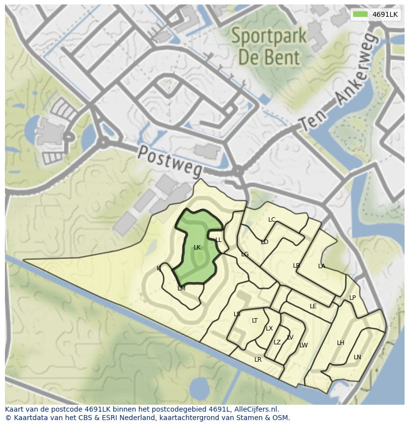 Afbeelding van het postcodegebied 4691 LK op de kaart.