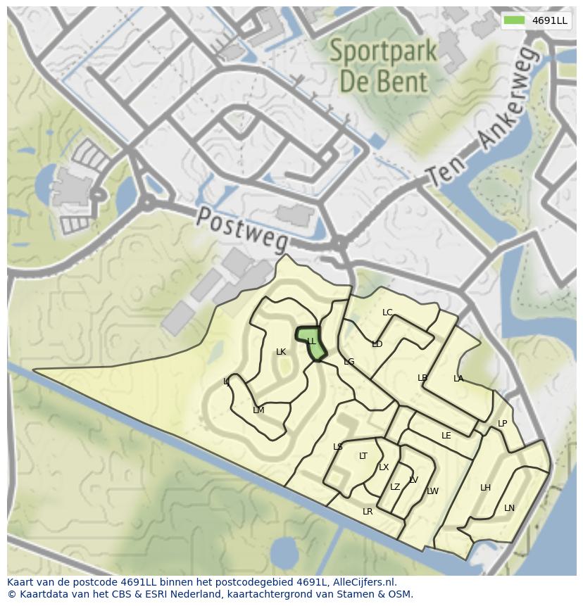 Afbeelding van het postcodegebied 4691 LL op de kaart.