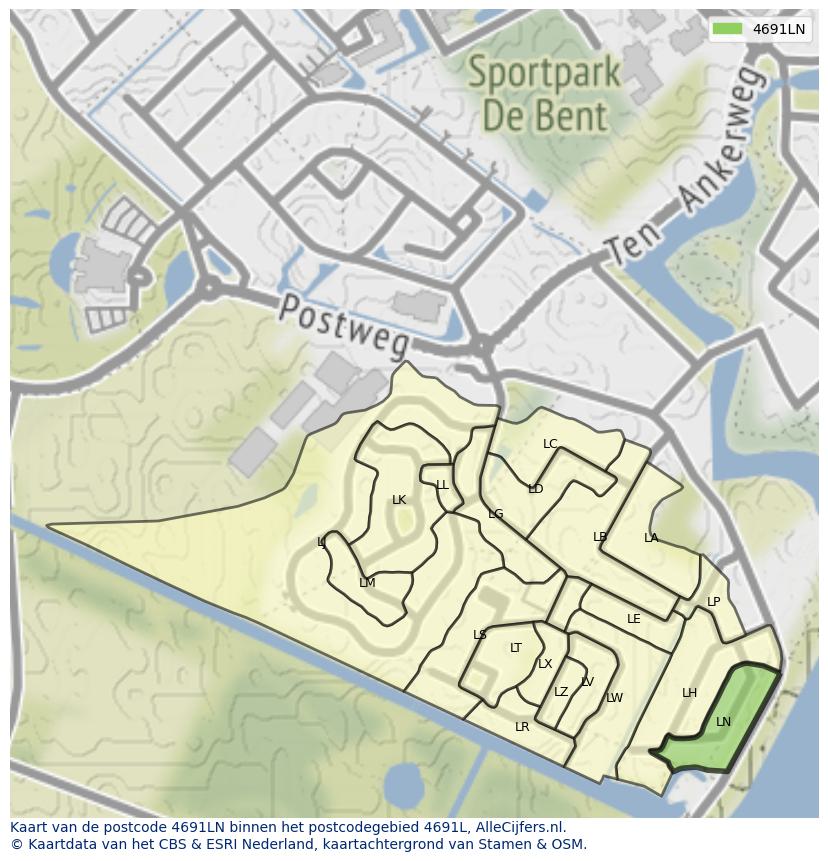 Afbeelding van het postcodegebied 4691 LN op de kaart.