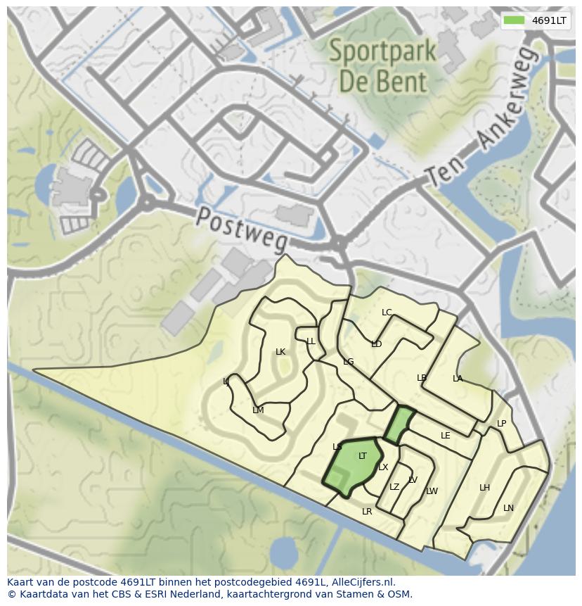 Afbeelding van het postcodegebied 4691 LT op de kaart.