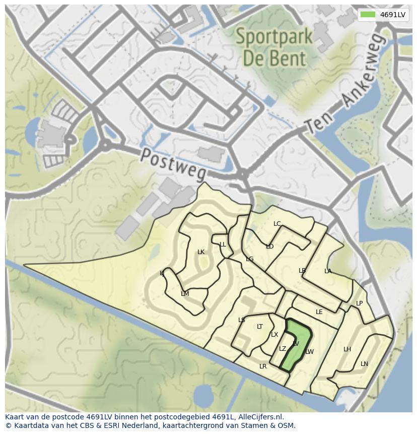 Afbeelding van het postcodegebied 4691 LV op de kaart.