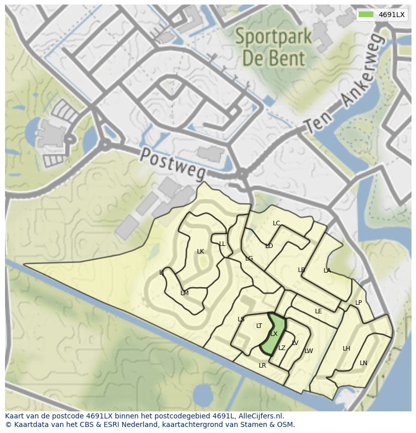 Afbeelding van het postcodegebied 4691 LX op de kaart.