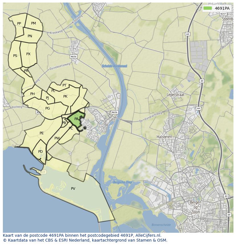 Afbeelding van het postcodegebied 4691 PA op de kaart.