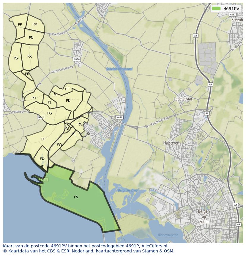 Afbeelding van het postcodegebied 4691 PV op de kaart.