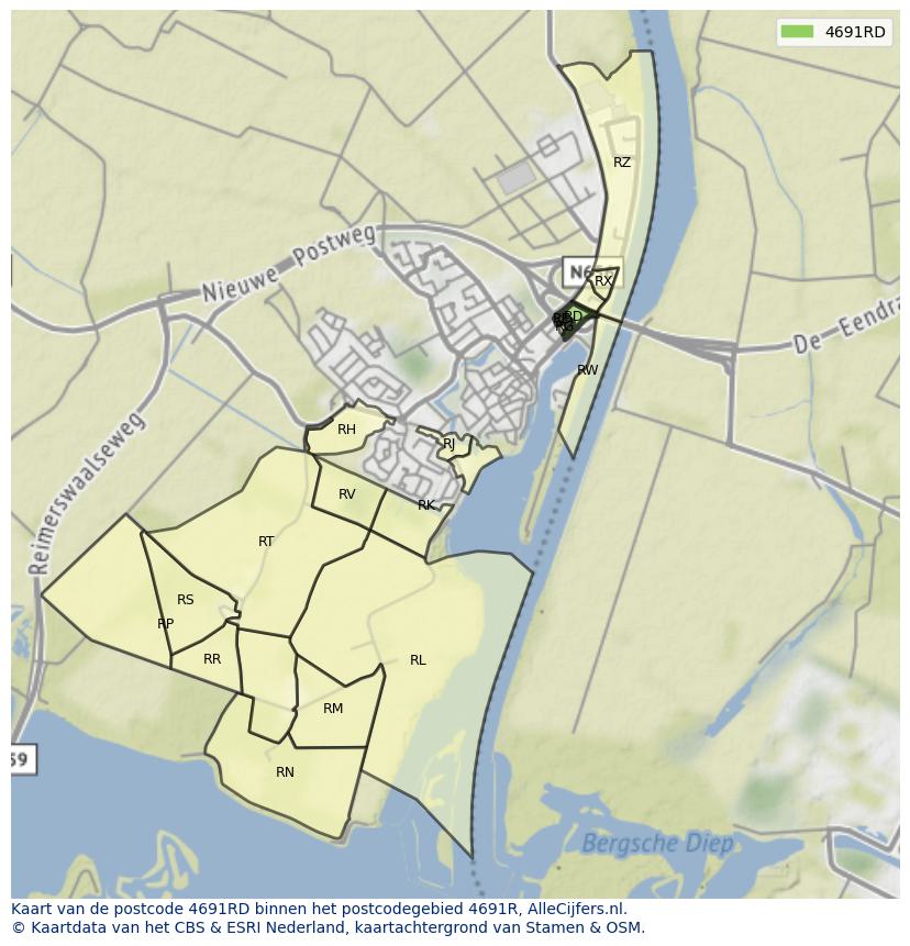 Afbeelding van het postcodegebied 4691 RD op de kaart.