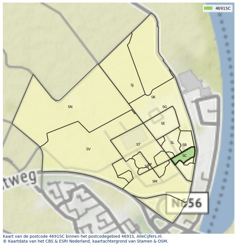 Afbeelding van het postcodegebied 4691 SC op de kaart.