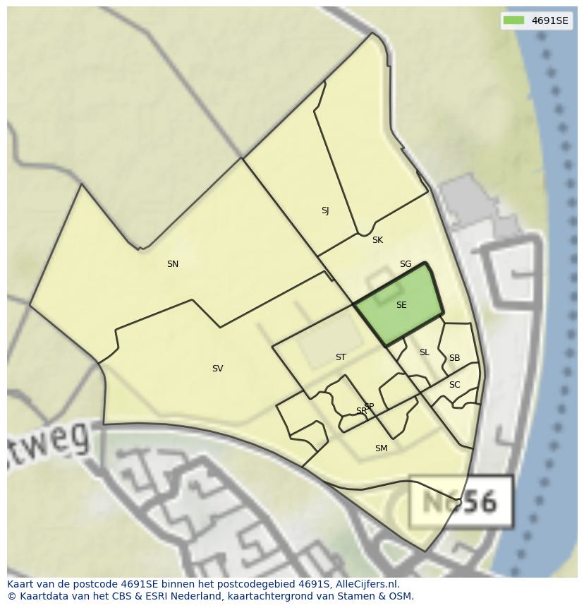 Afbeelding van het postcodegebied 4691 SE op de kaart.