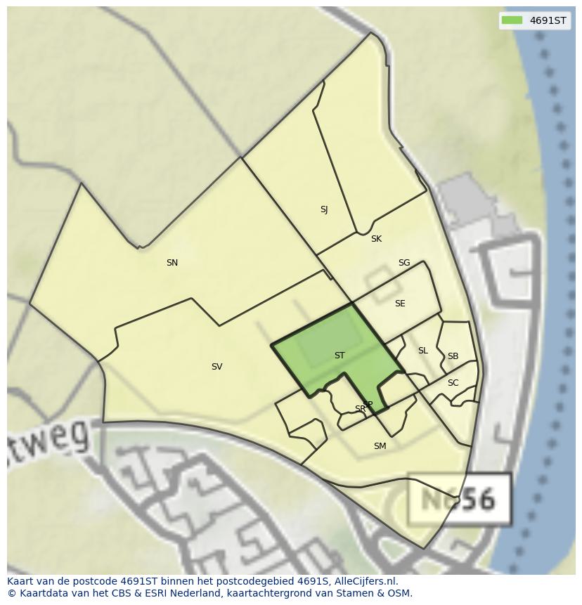 Afbeelding van het postcodegebied 4691 ST op de kaart.