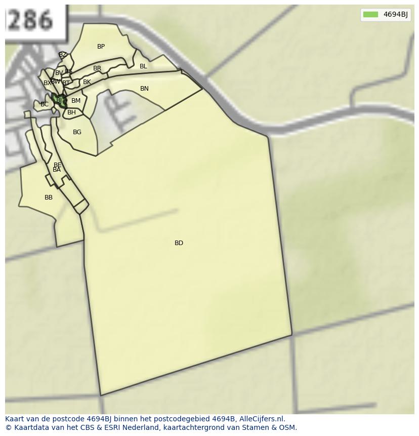 Afbeelding van het postcodegebied 4694 BJ op de kaart.