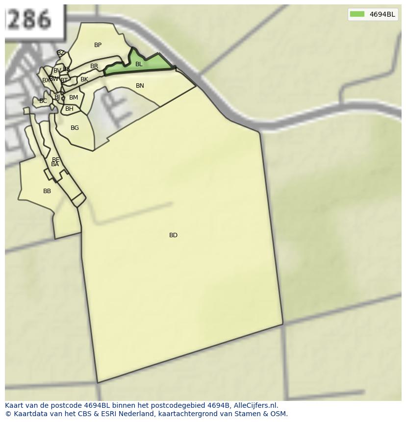 Afbeelding van het postcodegebied 4694 BL op de kaart.