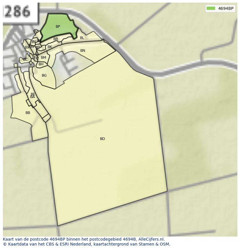 Afbeelding van het postcodegebied 4694 BP op de kaart.