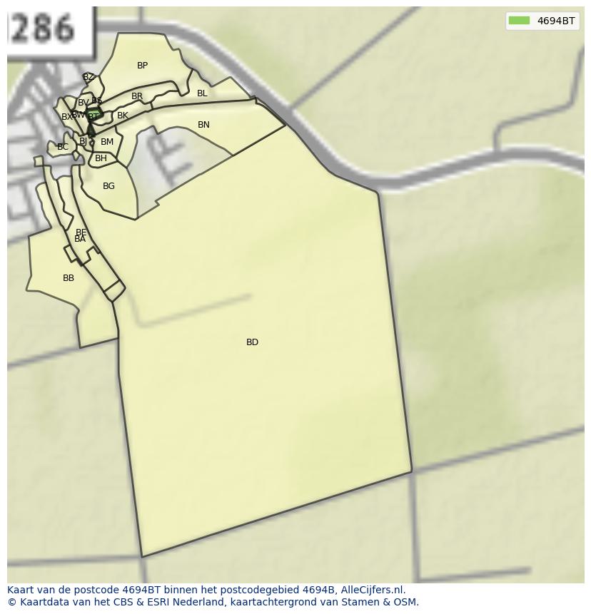Afbeelding van het postcodegebied 4694 BT op de kaart.
