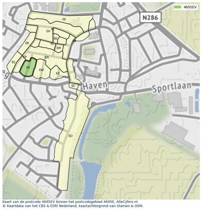 Afbeelding van het postcodegebied 4695 EV op de kaart.