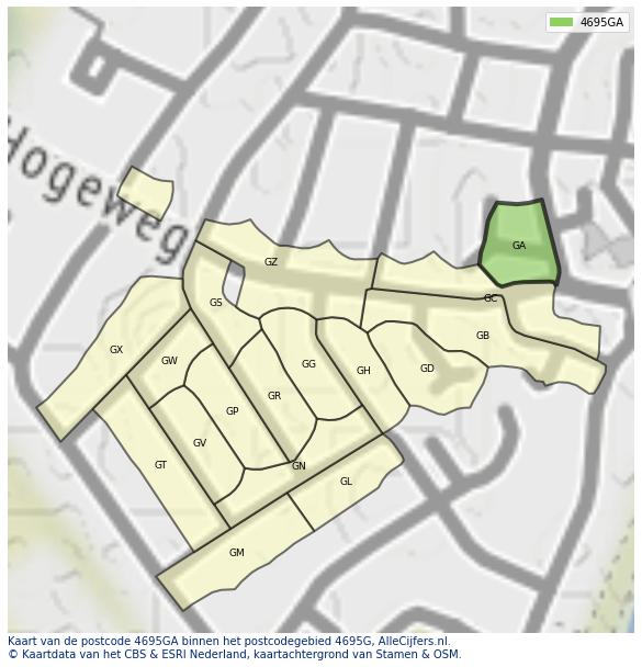 Afbeelding van het postcodegebied 4695 GA op de kaart.