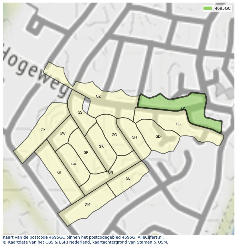 Afbeelding van het postcodegebied 4695 GC op de kaart.