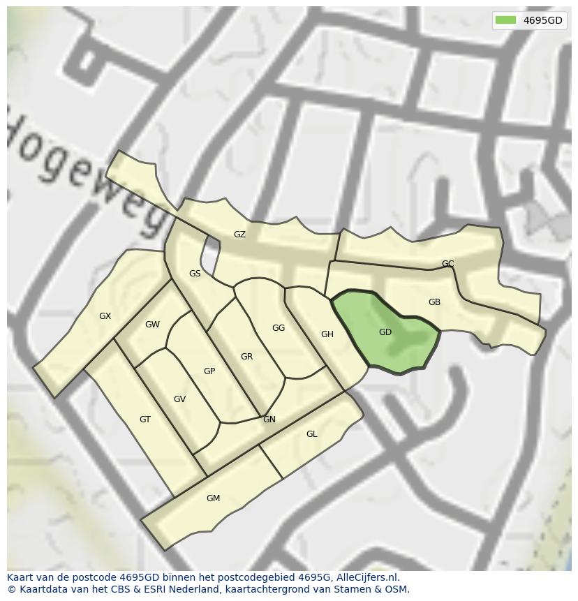Afbeelding van het postcodegebied 4695 GD op de kaart.