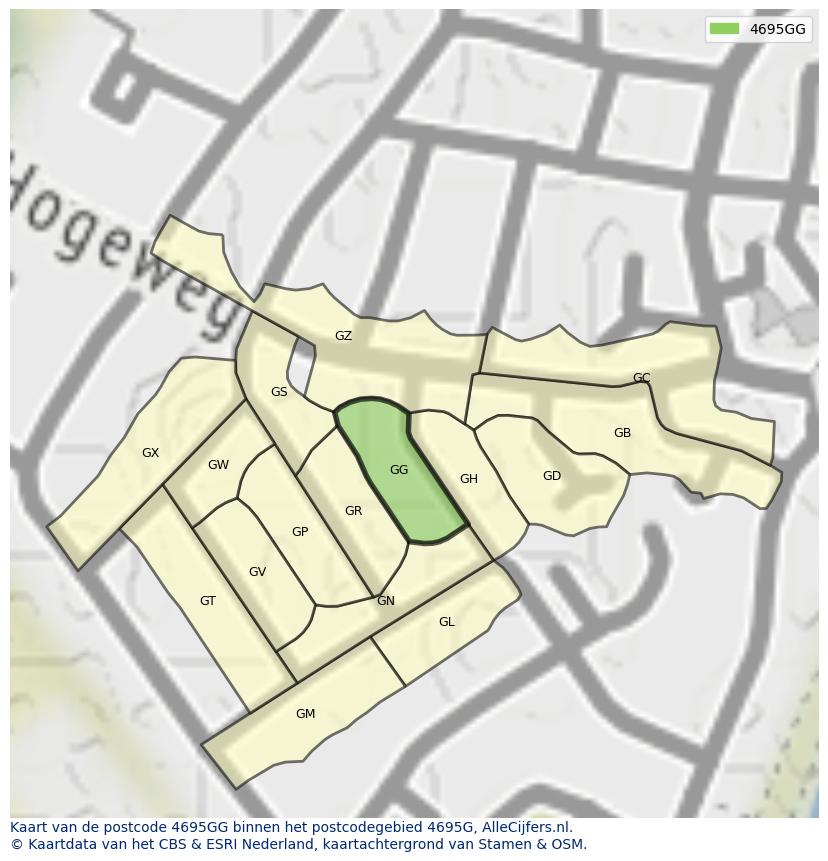 Afbeelding van het postcodegebied 4695 GG op de kaart.