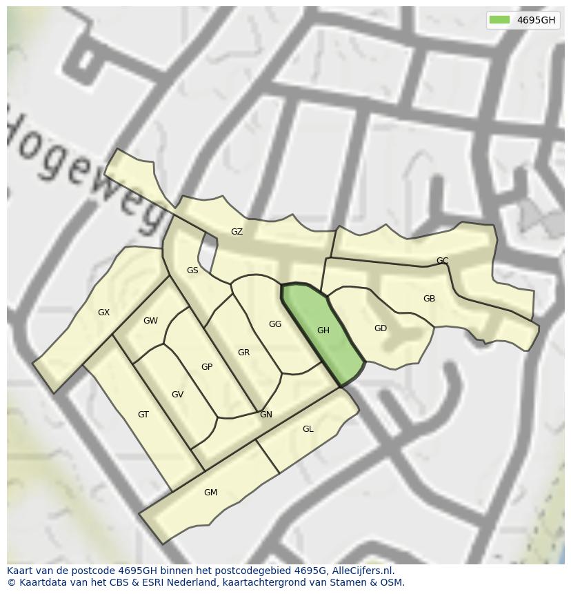 Afbeelding van het postcodegebied 4695 GH op de kaart.